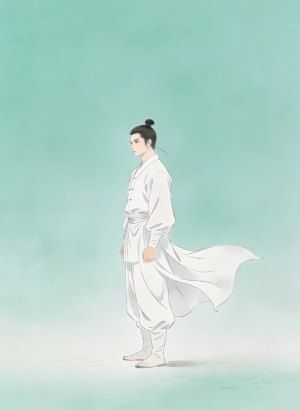 kung fu practitioner in white robe standing in side profile
